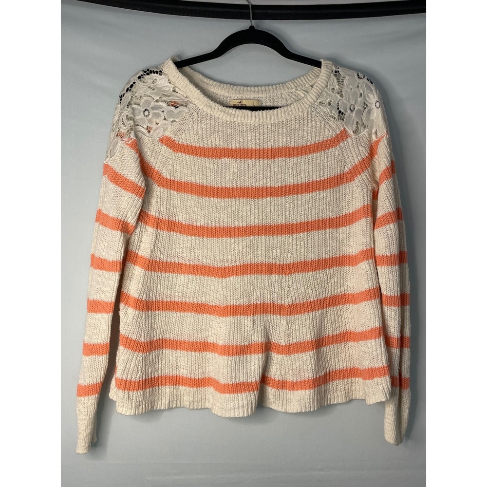Hollister Striped babydoll Lace Shoulder Sweater Cream Coral Size Large‎